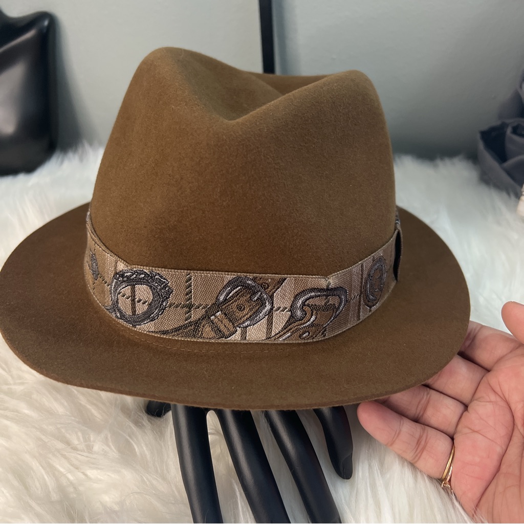 Hermes Brown Felt Fedora With Printed Grosgrain Band